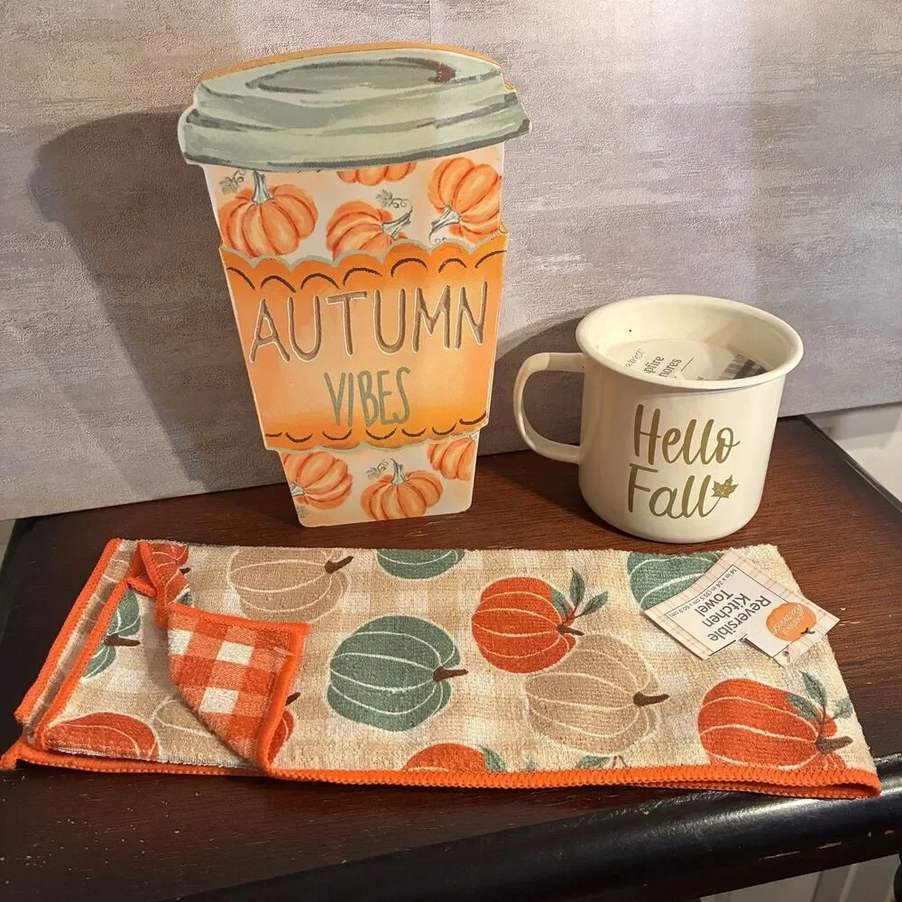 Set Of Fall Decoration. Wooden cup AUTUMN VIBES, Candle In Mug, Dish Towels NEW